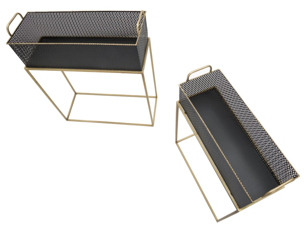 Porta Vasi Fashion Rettangolare Coppia 60x23x73,5-51x20x64 cm in Ferro Nero e Oro