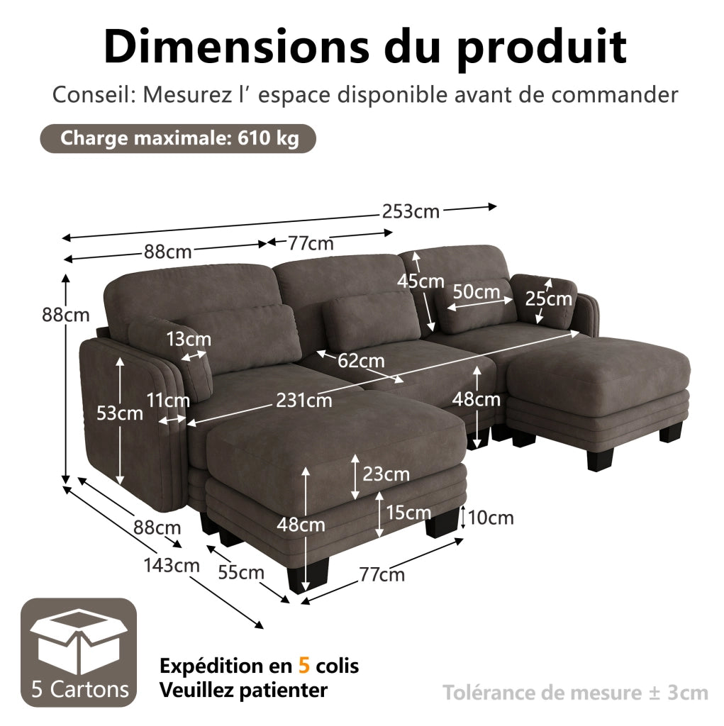 Divano modulare 253x143x88 cm in chenille con pouf e cuscini mobili; marrone