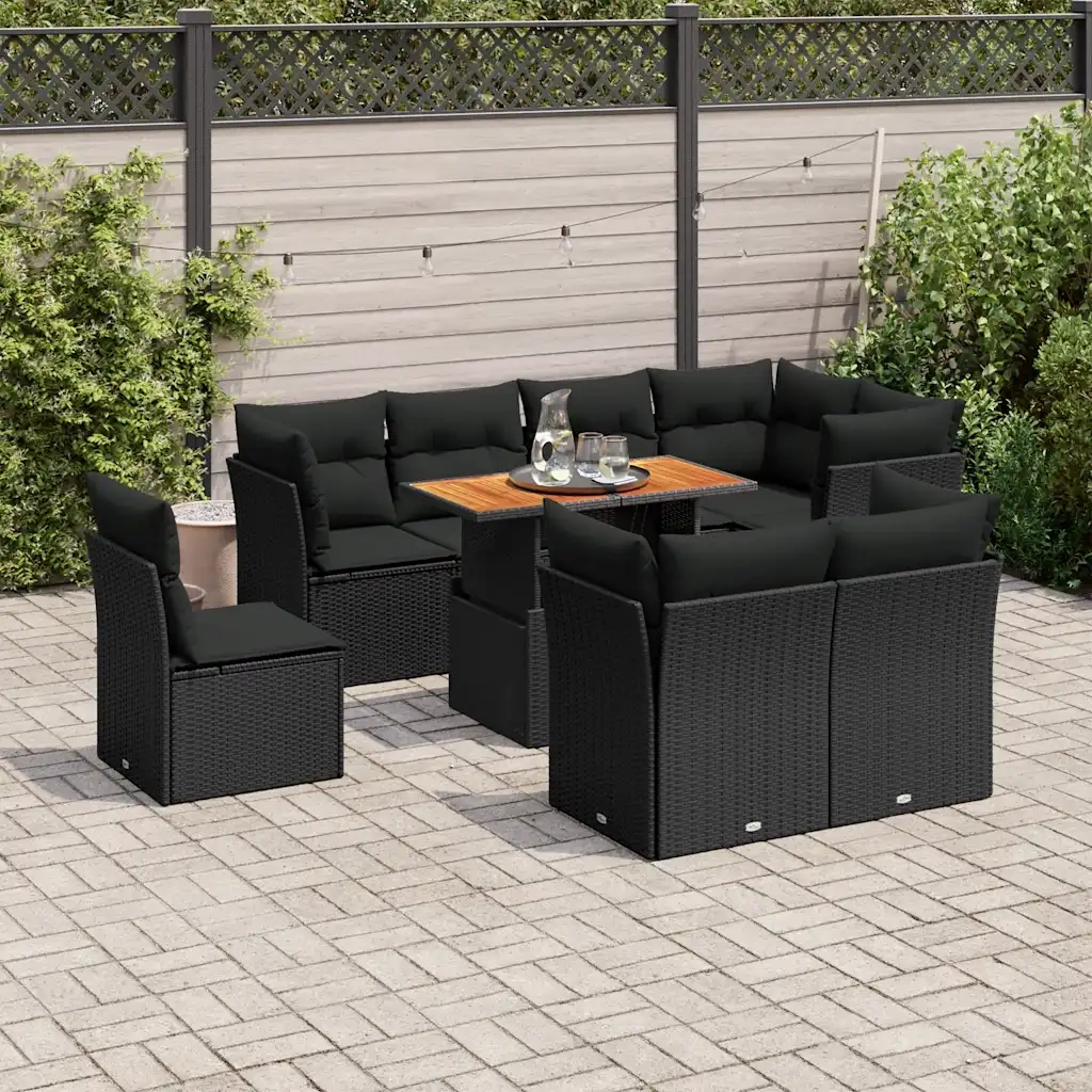Set Divani da Giardino 9 pz con Cuscini Nero in Polyrattan