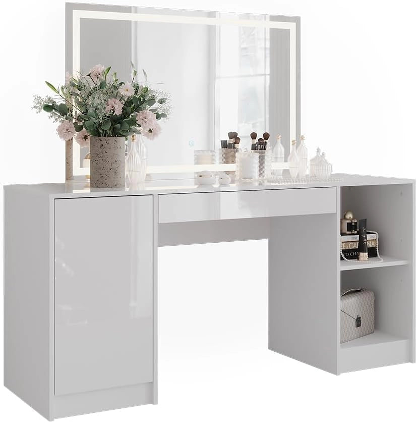 Tavolo da toeletta Sherry, Bianco/bianco lucido, 158.2 cm con specchio LED