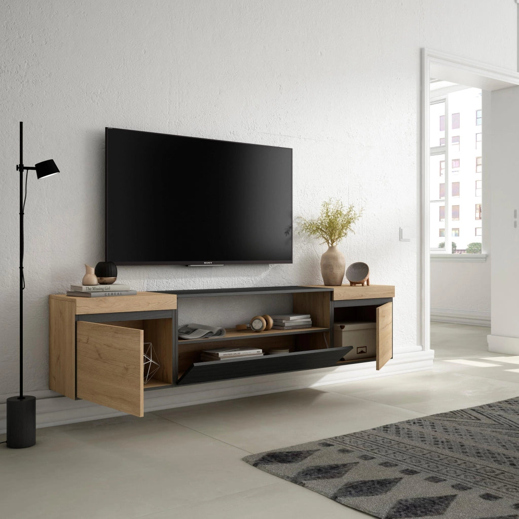 Mobile TV, 200x35x45cm, soggiorno, Per TV fino a 80", da appendere, colore Rovere e nero RF2258