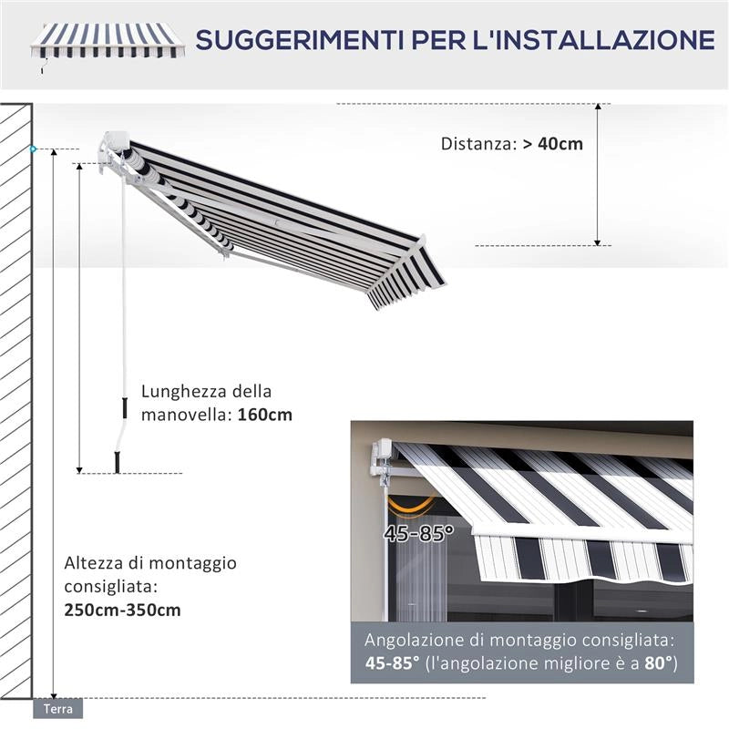 TENDA DA SOLE AVVOLGIBILE A PARETE MANUALE 2.5 X 2 MT RIGHE BLU E BIANCHE