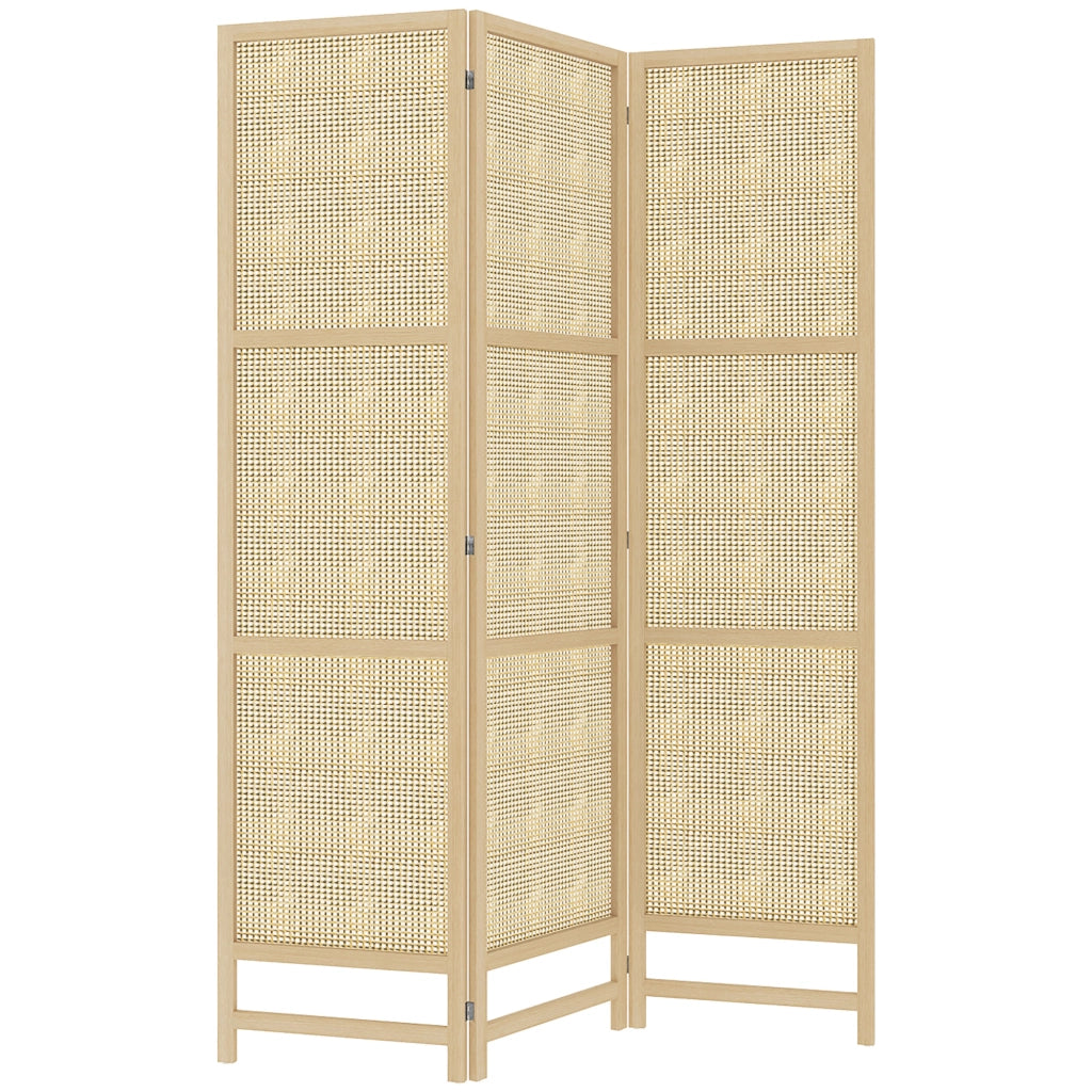 Paravento pieghevole a 3 pannelli 135 x 180 cm in rattan con struttura in legno di pino, naturale