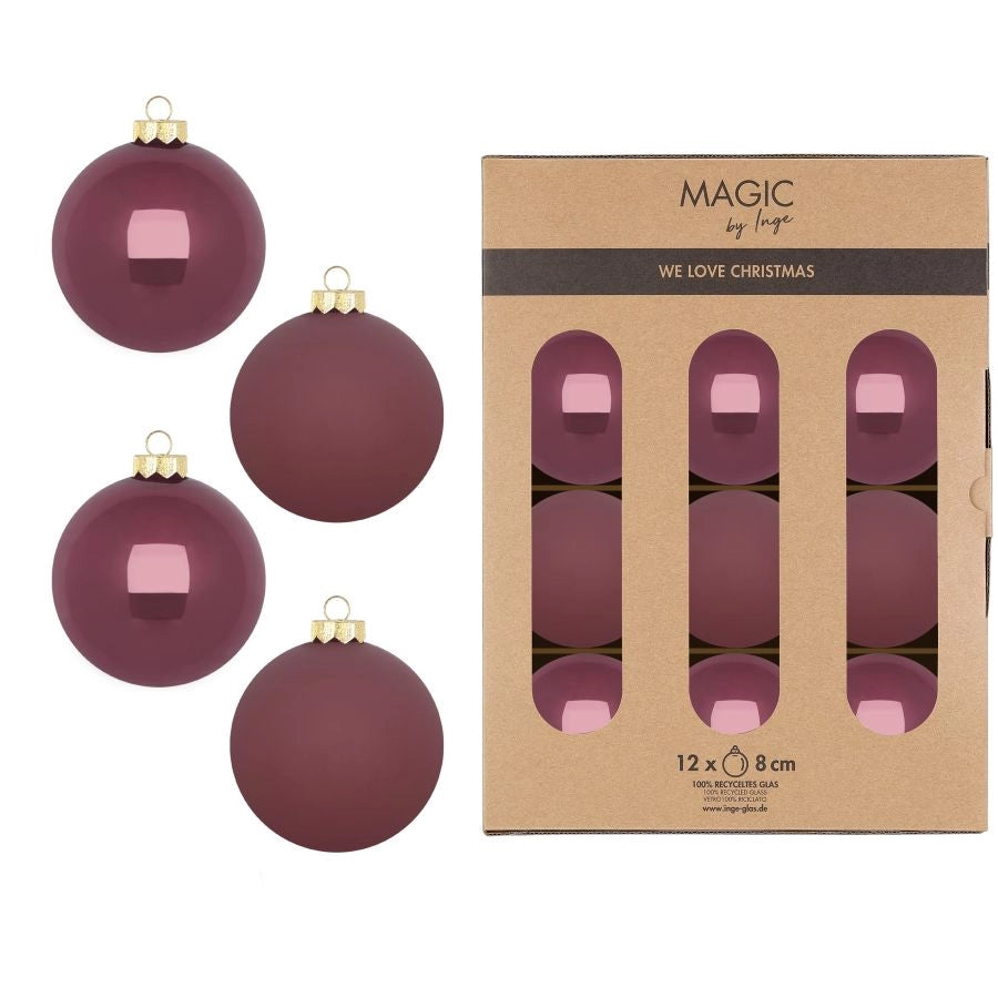 CONFEZIONE 12 PALLE IN VETRO ROSA ANTICO SCURO DIAMETRO 8 CM