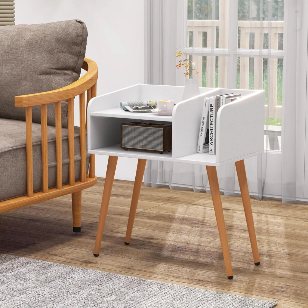 Comodino, comodino con 3 scomparti aperti, tavolino in legno con 4 gambe di supporto in metallo, comodino per soggiorno, camera da letto, 50 x 32 x 58 cm (bianco + naturale)