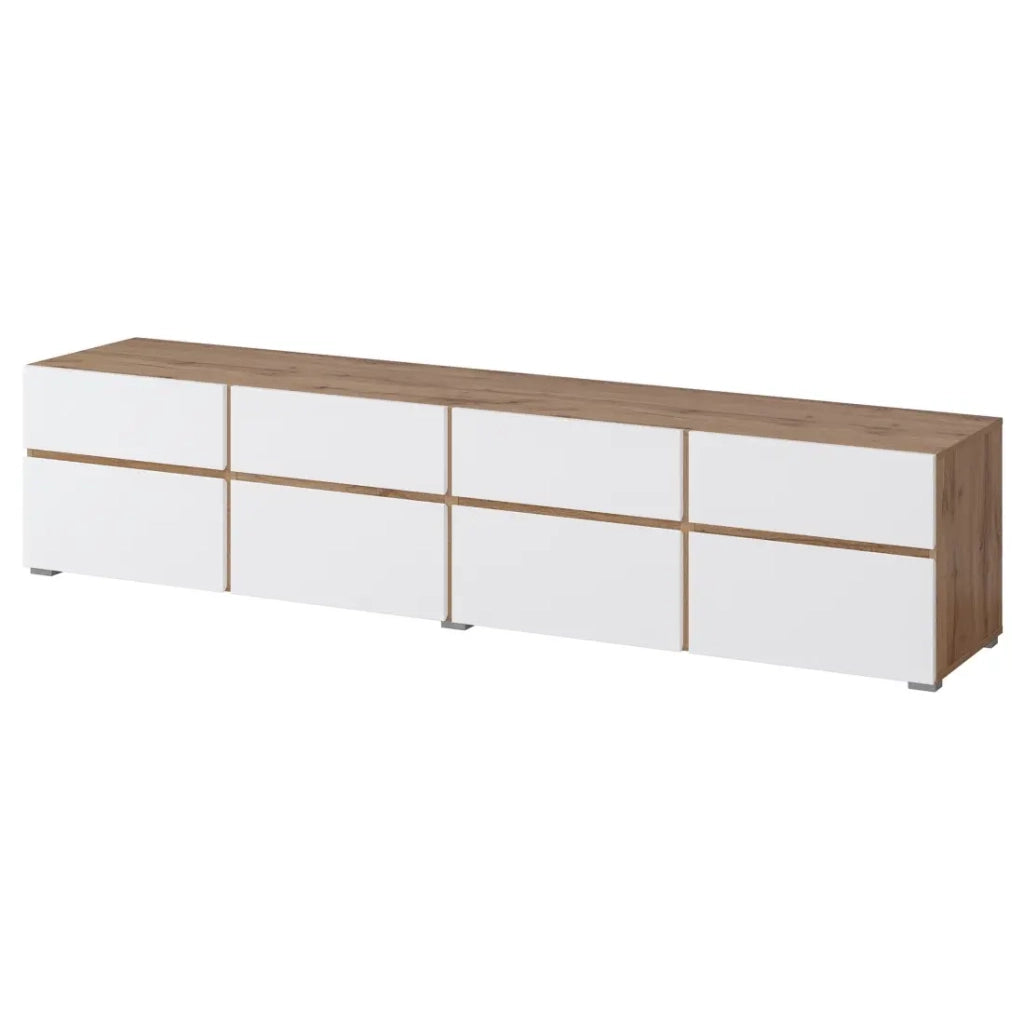 Mobile TV XL HAVANA – 225 cm – 4 ante a ribalta e 4 cassetti – Rovere e bianco – Design moderno