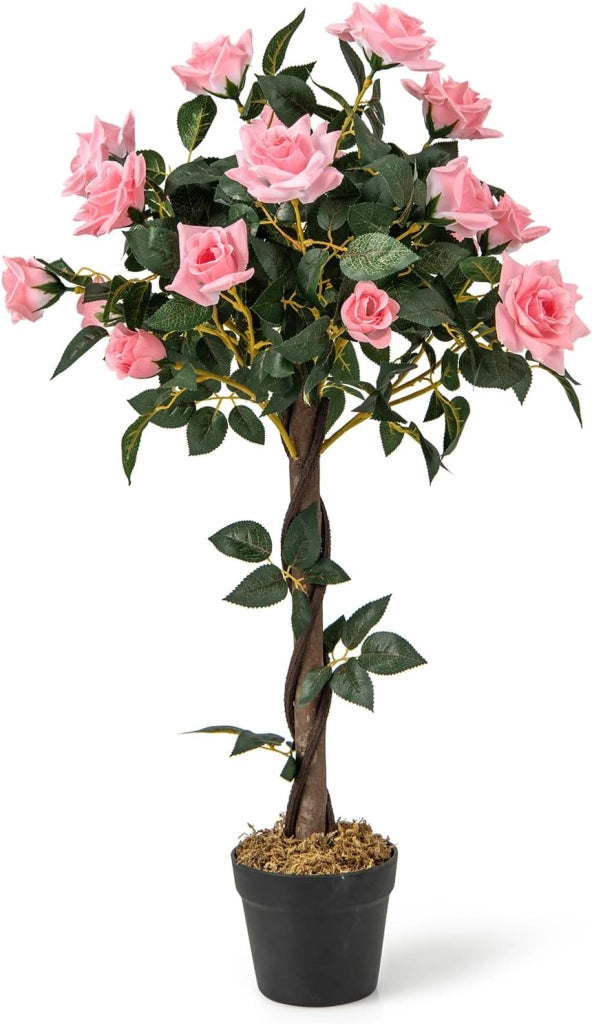 Pianta di vaso con rose artificiali, albero di fiori realistico, con tronco di legno e vaso di cemento, senza manutenzione, per la decorazione della casa e dell'ufficio