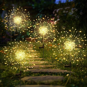 Set di illuminazione solare per esterni da 4 – 120 LED lampade a effetto pirotecnico – Design Dandelion – Lampade solari resistenti alle intemperie – Ideali per balcone, patio, giardino, vasi fiorali e decorazione giardino