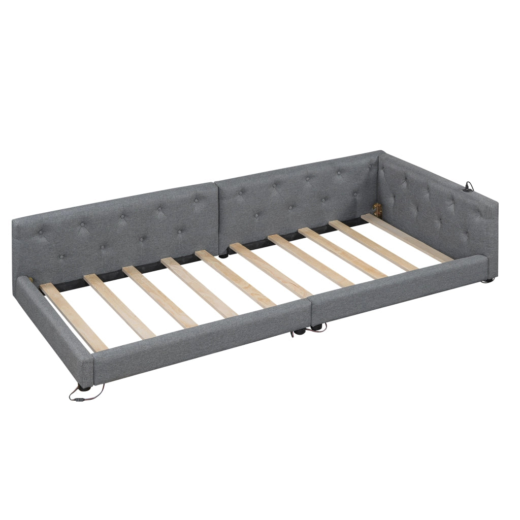 Divano letto 1 posto 90×200 cm con LED; USB e type-C; senza materasso; in lino e MDF; grigio