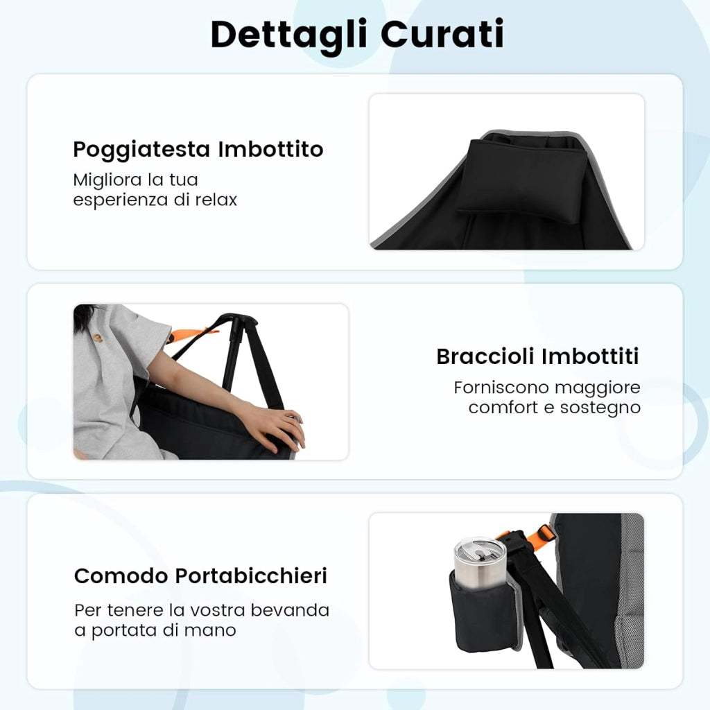 Sedia da Campeggio Amaca, Sedia a Dondolo Pieghevole con Portabicchieri, Schienale Regolabile, Poggiatesta, Sedile a Dondolo per Giardino, Patio, Prato, Portata 150 kg (Nero)