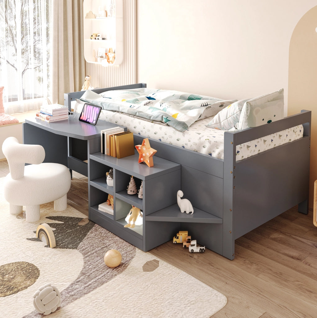 Letto a soppalco 90x200 cm con scrivania; vani contenitore e prese USB; grigio