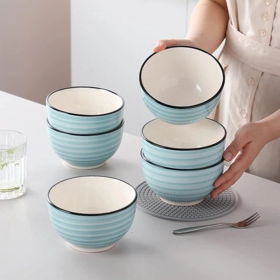 Set da colazione 6 pezzi, piatti di zuppa in ceramica, scodelle da servizio 24 oz per insalata, noodle, purè, riso, lavastoviglie e microonde resistente, blu