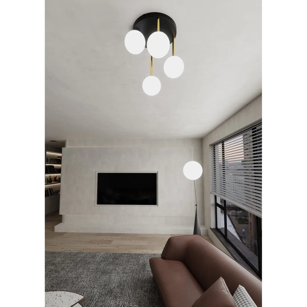 Plafoniera Contemporanea 4 Luci Teseo In Acciaio Nero Oro E Sfere Vetro Bianco
