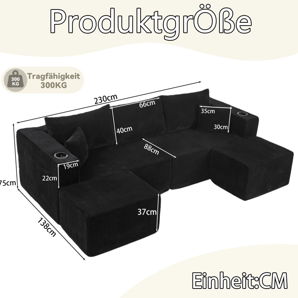 Divano angolare modulare 3 posti con 2 pouf mobili; portabicchieri e tasche; nero