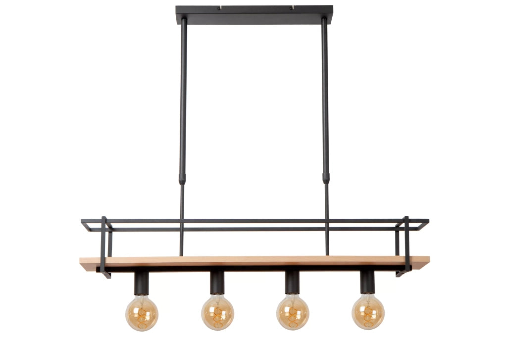 Lampada a sospensione industriale nera/legno Milonga 4xE27