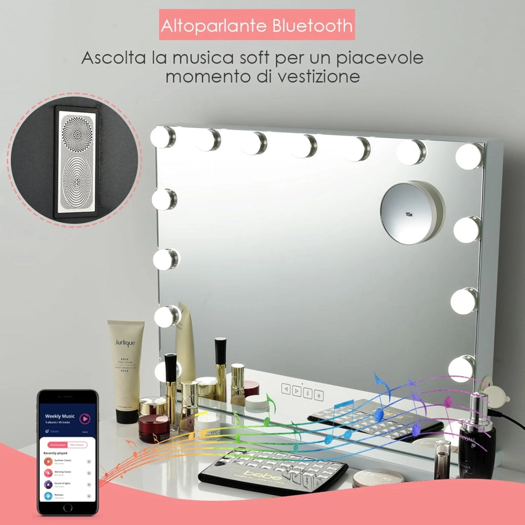 Specchio per Trucco Illuminato con 15 Lampadine Luci LED, Specchio da Toeletta Controllo Touch, per Scrivania Muro, 3 Modalità di Colore, con Altoparlante Bluetooth USB, 58x48 cm