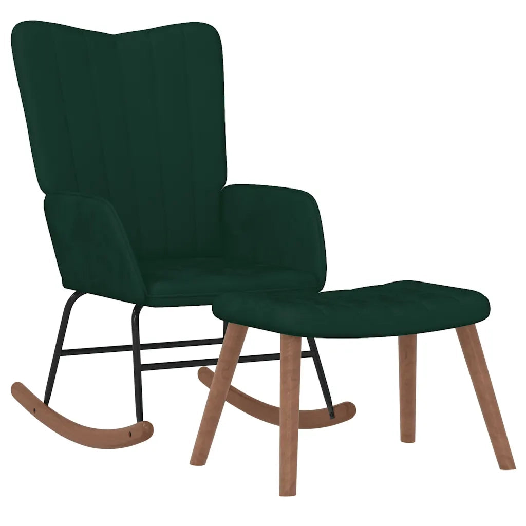Poltrona a Dondolo | Sedia Relax con Poggiapiedi Verde Scuro in Velluto