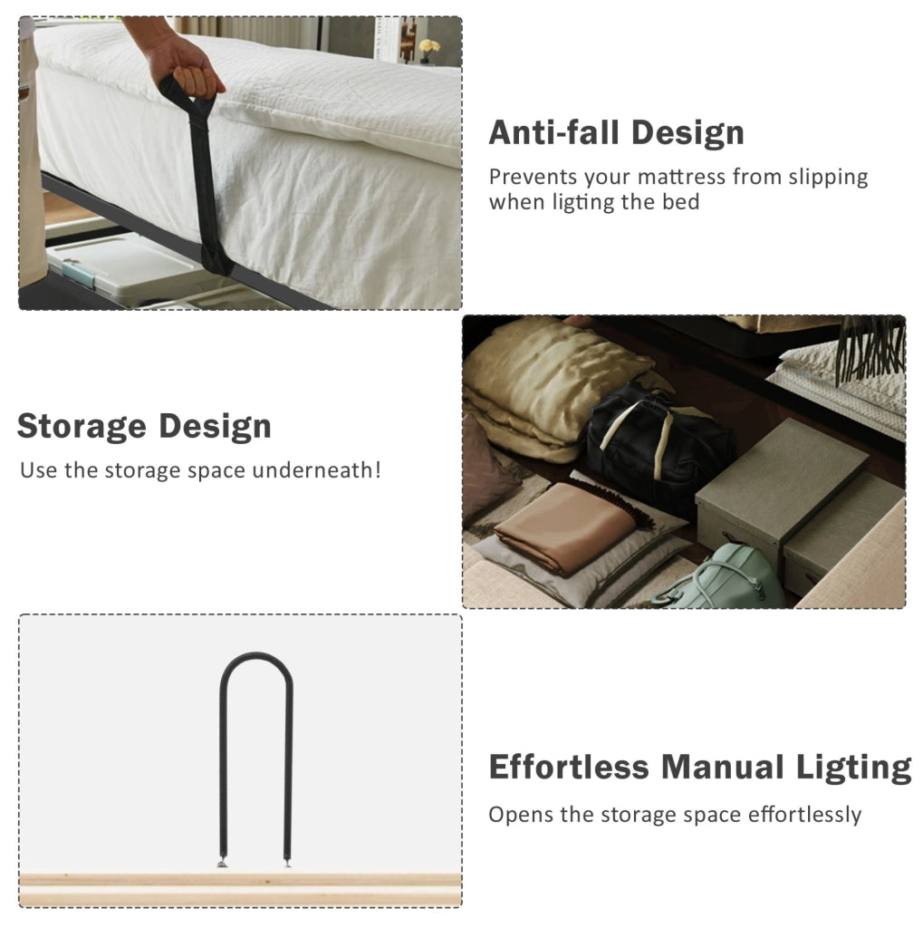 Letto matrimoniale 180x200 beige con luce, USB-C e contenitore