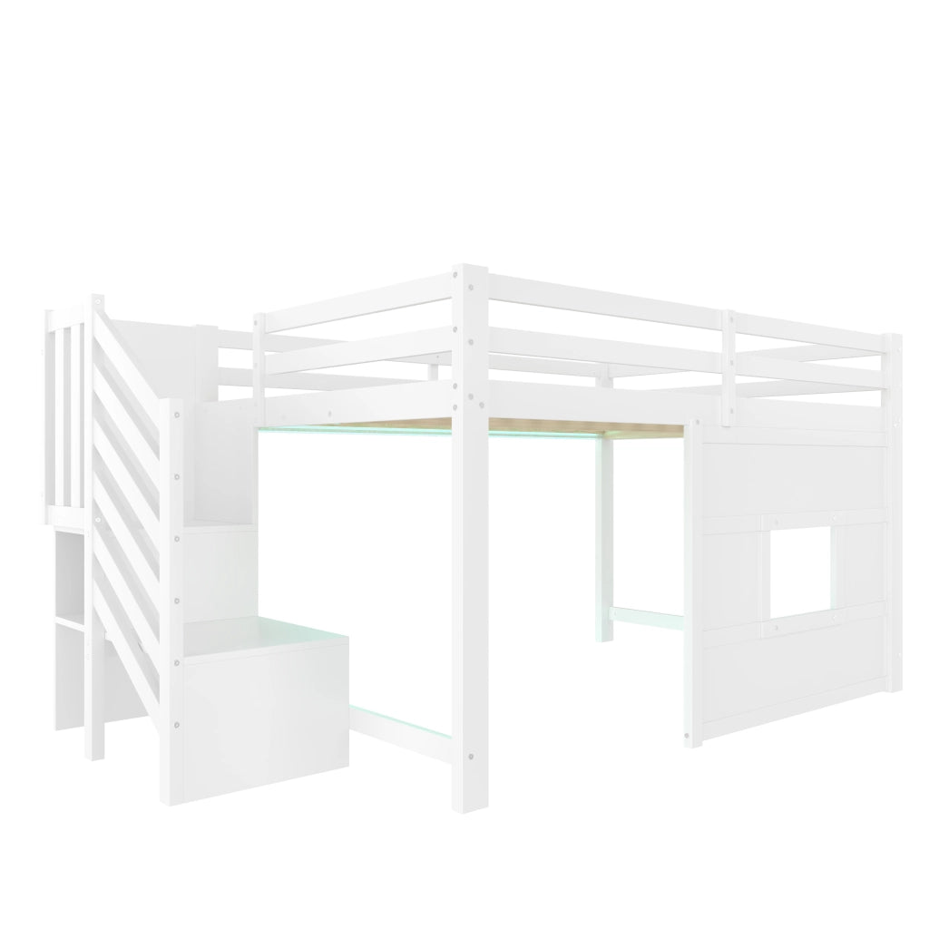 Letto a Soppalco 140x200 cm con Scala Contenitore; Finestra e LED - Bianco