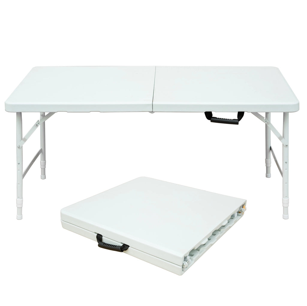 Tavolo pieghevole regolabile 125 cm bianco con maniglia