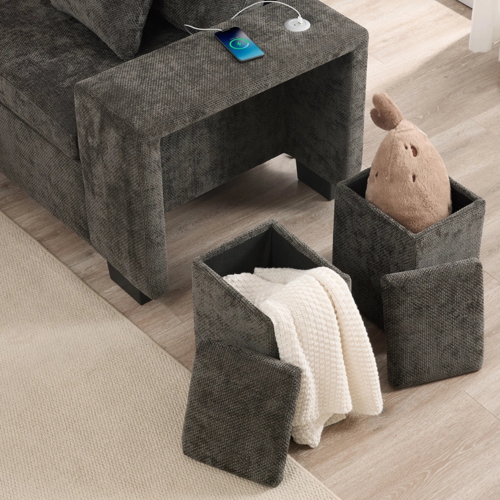 Divano angolare convertibile con funzione letto e vano contenitore, porte USB e USB-C, in ciniglia grigio 220 × 205 × 86.5 cm