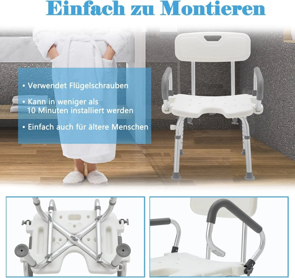 Sgabello da doccia per anziani, altezza regolabile, 37,5-50 cm, in alluminio, moderno, 150 kg, con schienale e braccioli