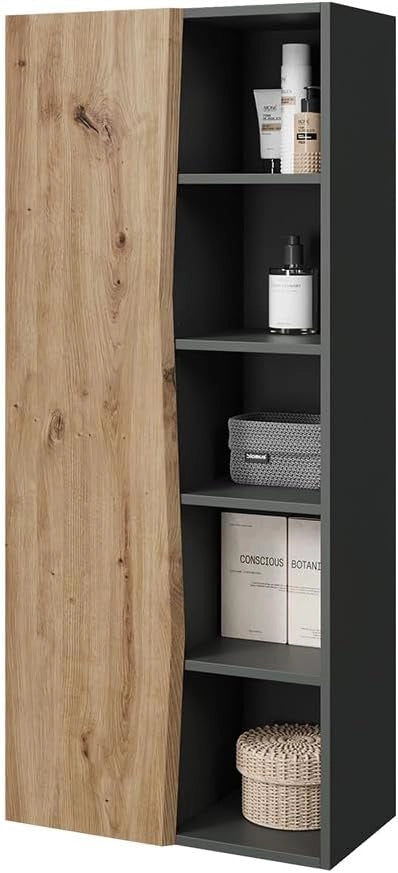 Armadio per il bagno Willow, Rovere artigianale/antracite, 56 x 130 cm con 5 scomparti aperti, adatto al montaggio a parete per diverse dimensioni di bagno
