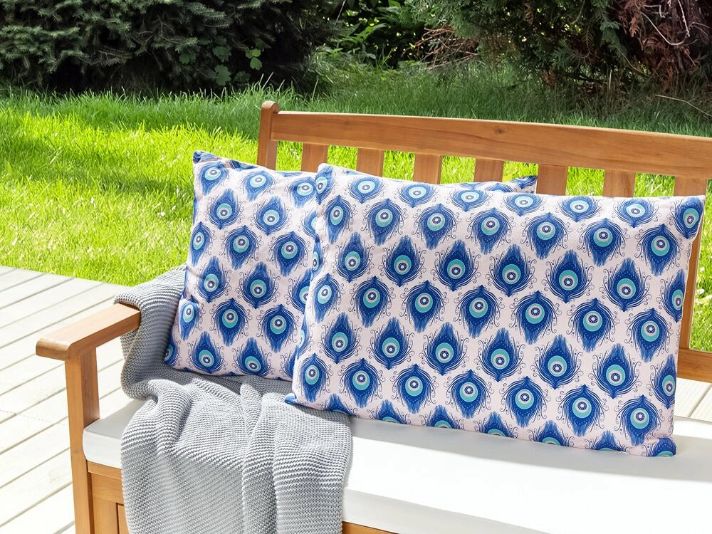 Set di 2 cuscini da giardino in tessuto di  poliestere blu e rosa con motivo a pavone 40 x 60 cm esterno giardino elegante rettangolare