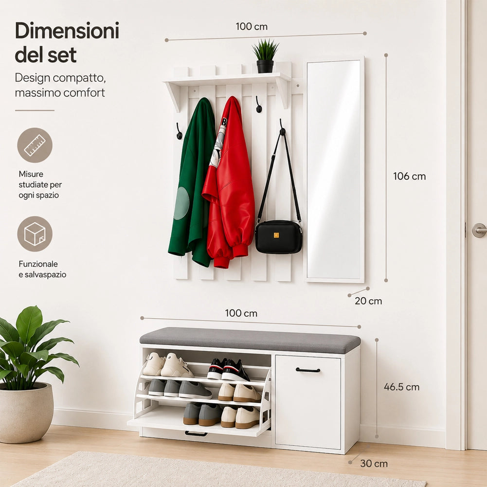 Set Ingresso con Scarpiera e Appendiabiti con Specchio Attaccapanni Bianco