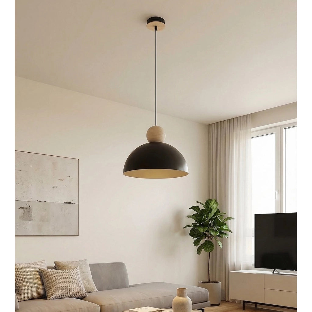 Lampada a sospensione Kaki in acciaio nero opaco e legno