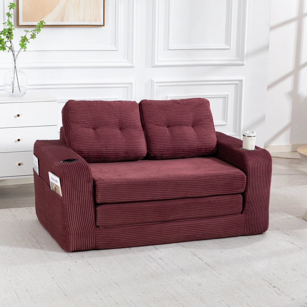 Divano modulare a 2 posti in velluto a coste con portabicchieri e tasche laterali, con cuscini, rosso vino 136 × 80 × 82,5 cm