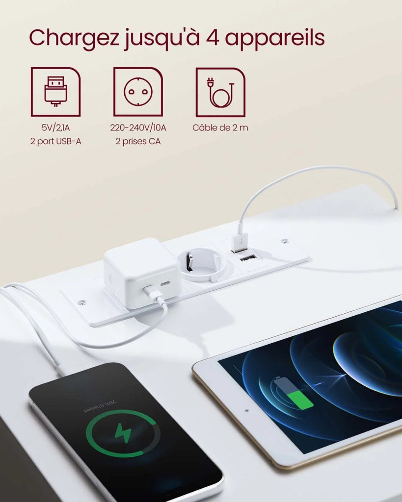 Comodino con multipresa tavolino con 2 cassetti 2 prese CA 2 porte USB-A per soggiorno camera da letto ufficio moderno beige 12_0007608