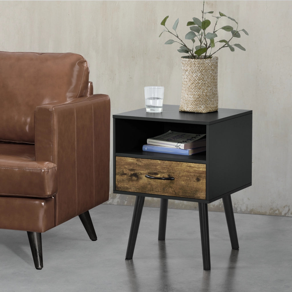 Set Gävle di 2 Comodini con Cassetto e Scomparto - Nero / Effetto Legno Scuro [en.casa]