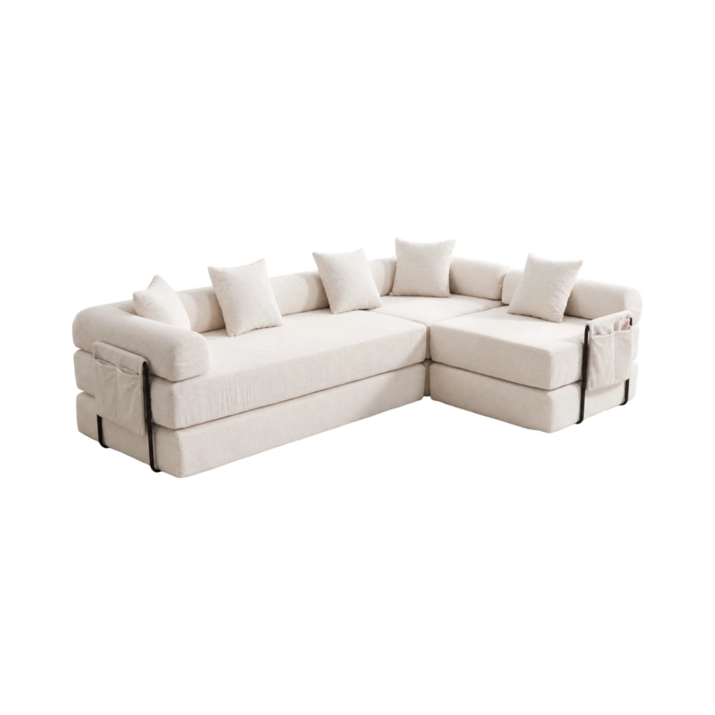 Divano modulare in velluto corduroy beige con tasca laterale, funzione letto e imballo sottovuoto