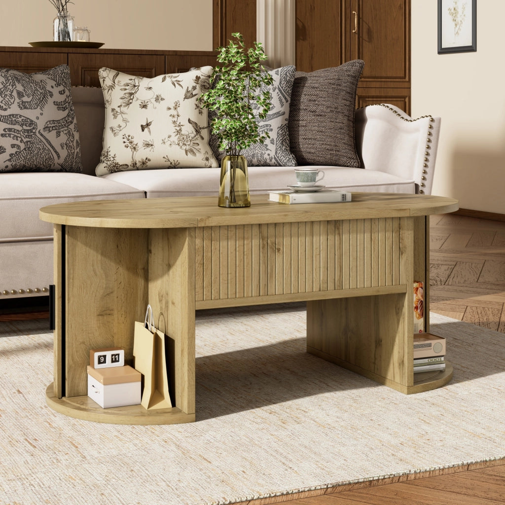 TAVOLO BASSO Regolabile in altezza 100x50x40,5 cm MDF Rovere con ripiani e ante scorrevoli