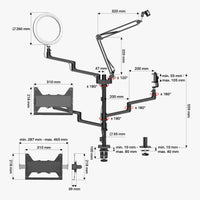 Supporto da tavolo 4in1 con 1 asta per microfono + 3 bracci articolati per accessori, con morsetto e ring light a 3 modalità, staffa per fotocamera per dirette e live