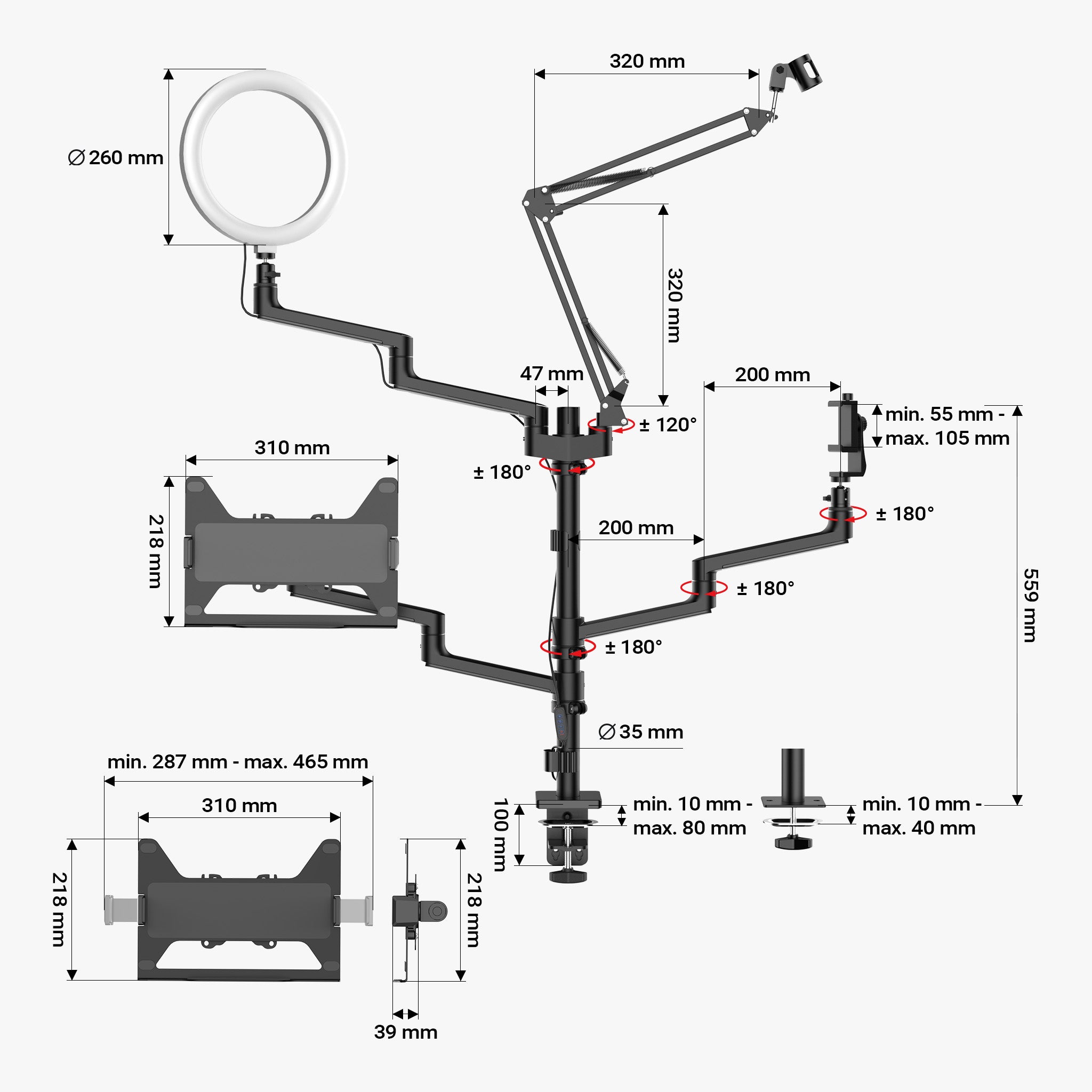 Supporto da tavolo 4in1 con 1 asta per microfono + 3 bracci articolati per accessori, con morsetto e ring light a 3 modalità, staffa per fotocamera per dirette e live