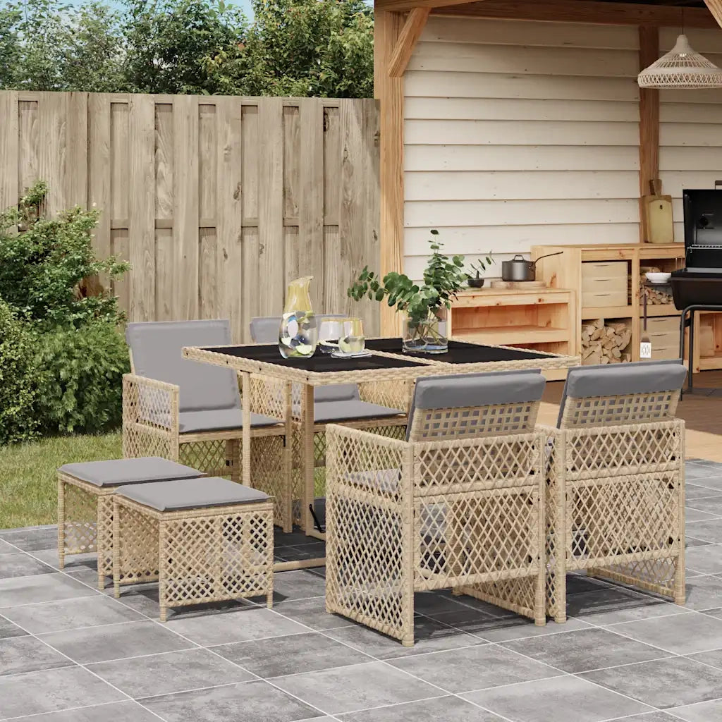 Set da Pranzo da Giardino 9 pz con Cuscini Beige in Polyrattan