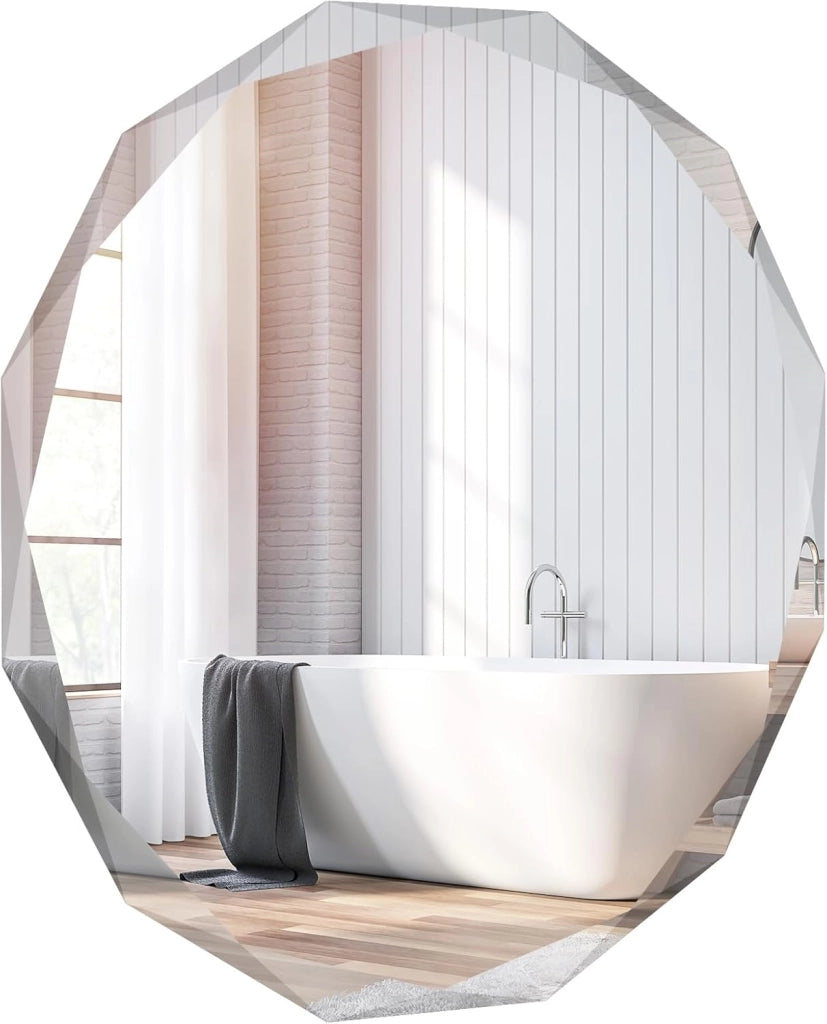 Specchio per Bagno 76 cm, Specchio da Parete Argento Lucidato, Senza Cornice, Specchio Rotondo di Design Irregolare Antiesplosione per Bagno Soggiorno Camera da Letto, IP44