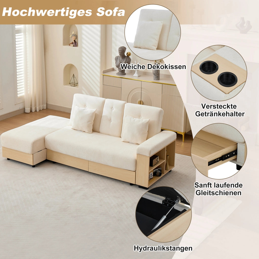 Divano letto con schienale reclinabile, spazio contenitore e portabicchieri, in chenille beige 217 × 110 × 90 cm