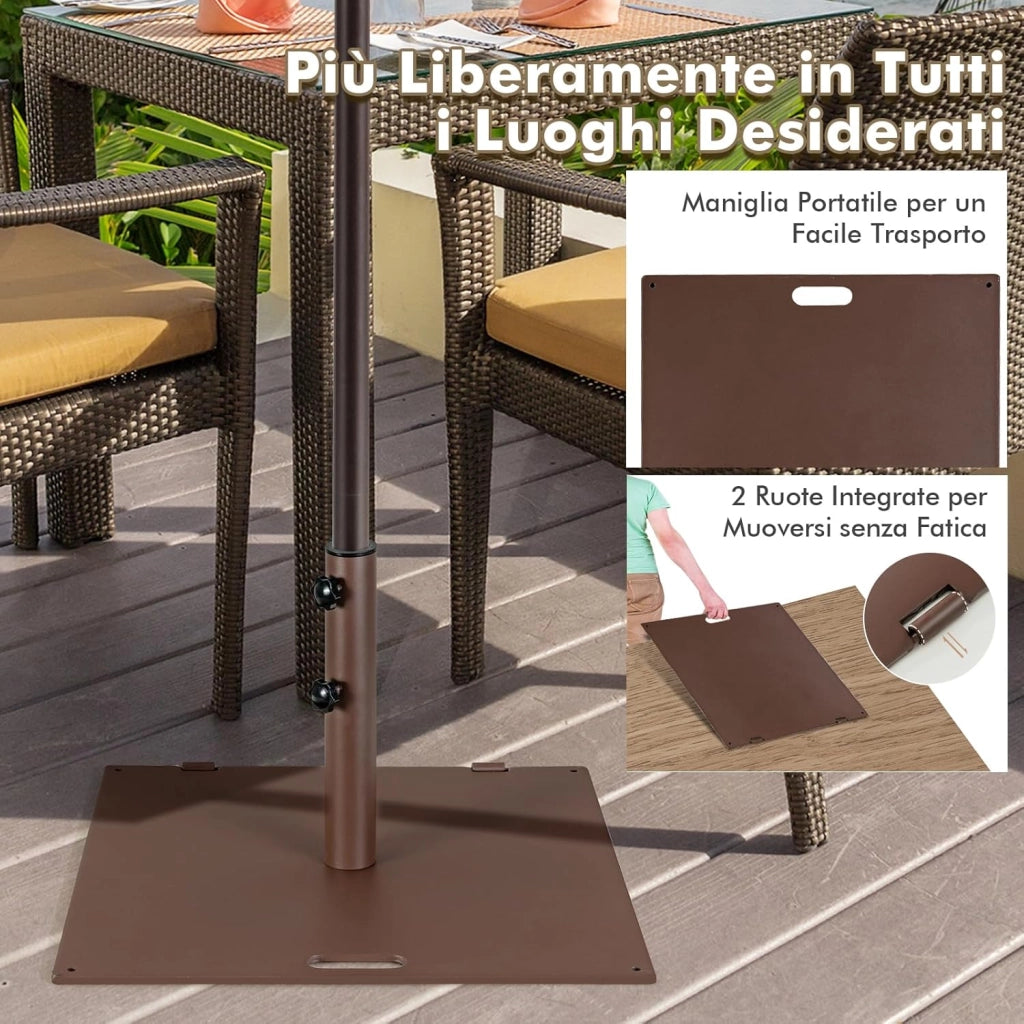 Base per Ombrellone 22,5 kg, Quadrato 60 cm, Adattatori 4/5 cm, 2 Ruote 2 Manopole Impugnatura Esterna, per Terrazza Piscina Spiaggia (Marrone)