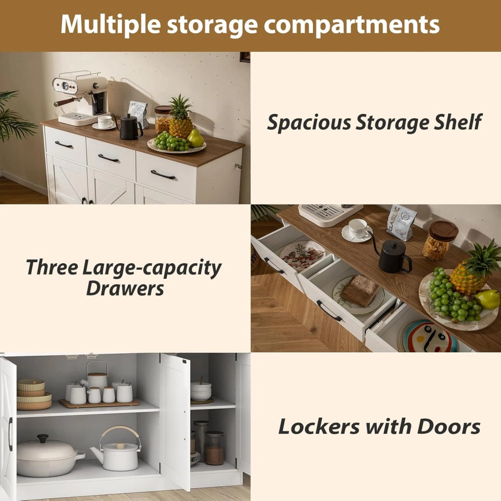 Credenza da Cucina con Ripiano Regolabile, Mobiletto Multiuso con Ante e 3 Cassetti, Mobile Buffet con Kit Antiribaltamento, per Soggiorno, Sala da Pranzo, 108x38x81cm(In 2 Pacchi) (Bianco)