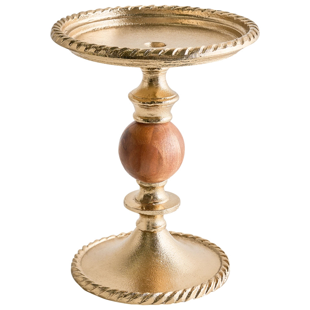 Portacandele in alluminio e legno di acacia design moderno color oro 31 cm