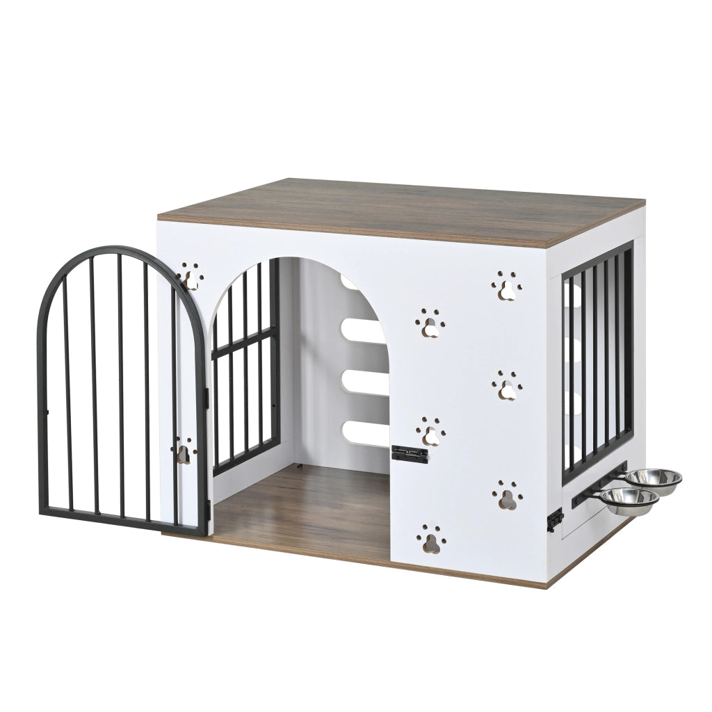 Scaffale 2 in 1 per cani con ciotole in acciaio rialzate struttura in MDF e metallo bianco e rovere chiaro