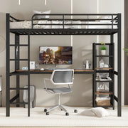 Letto a castello nero e noce scuro con scrivania e scaffali in metallo e MDF 90x200 cm