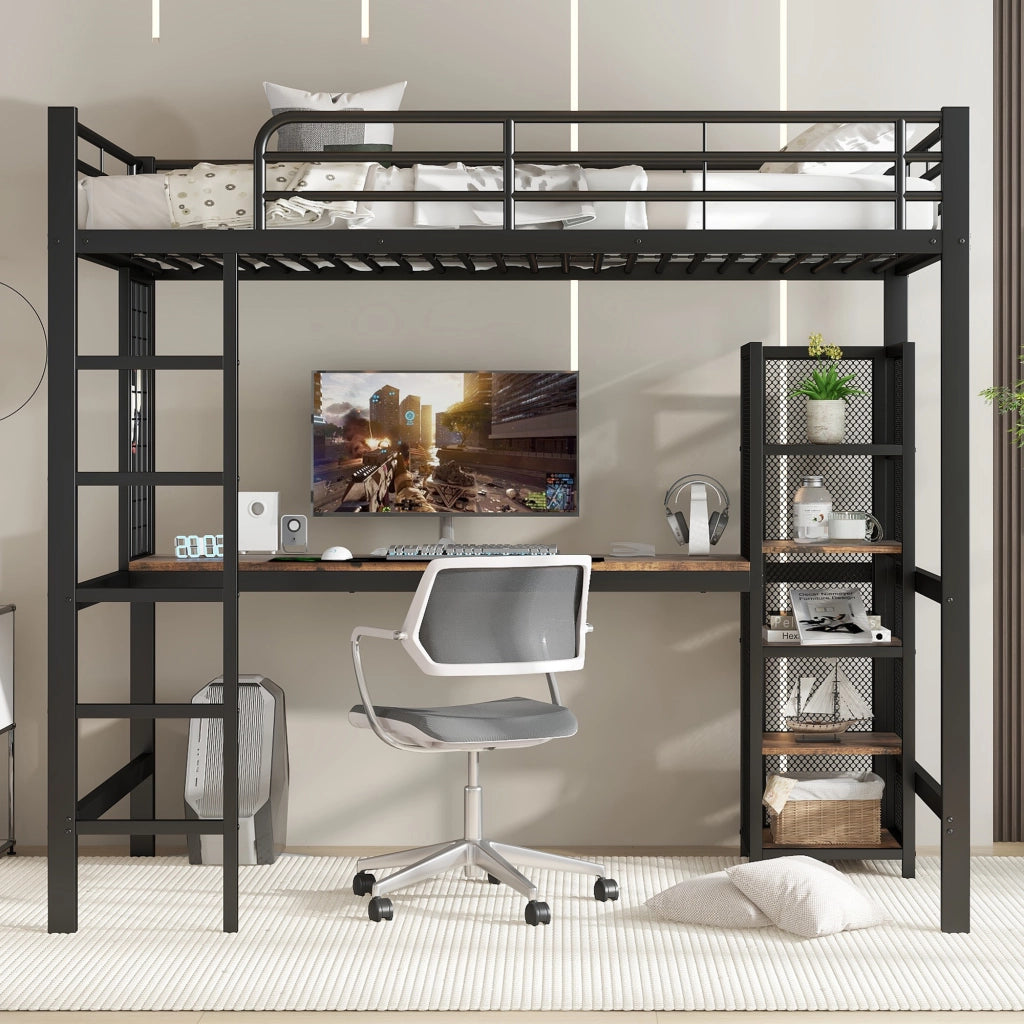 Letto a castello nero e noce scuro con scrivania e scaffali in metallo e MDF 90x200 cm