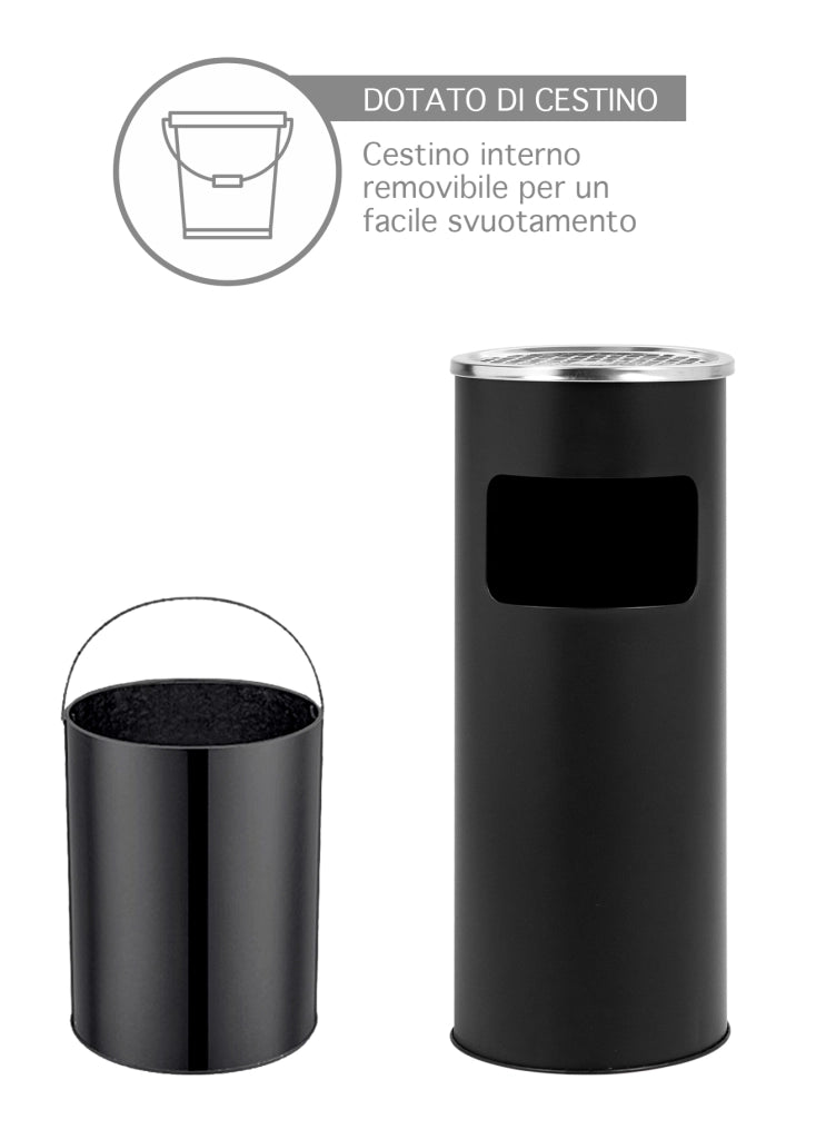 Posacenere 2 In 1 Da Terra In Acciaio Inox Per Esterno Con Gettacarte Rotondo O Rettangolare Con Secchio Cestino Professionale Gettacarte Spazzatura Casa Ufficio Bar Ristoranti Pattumiera Sigarette - Mod1Nero