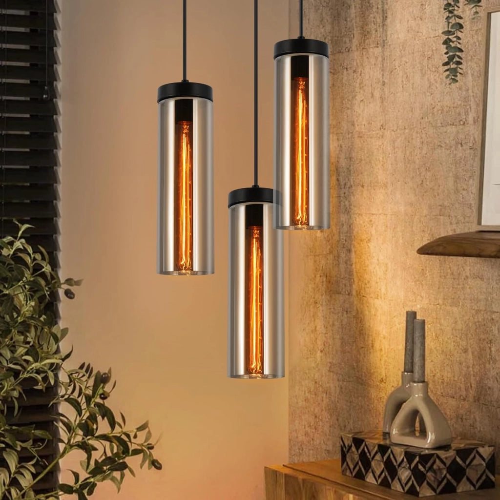 Lampada a sospensione ZMH nera per sala da pranzo - Lampada a sospensione in vetro E27 a 3 fiamme per soggiorno