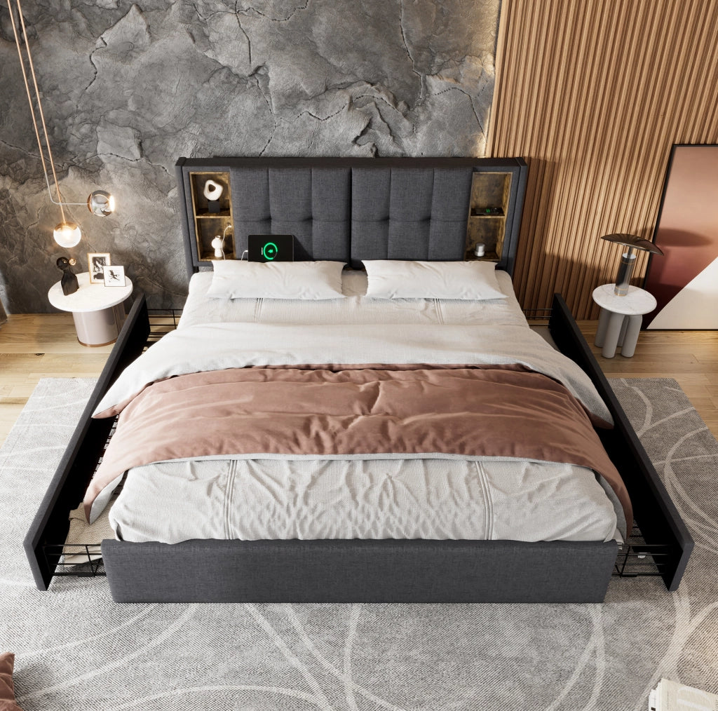 Letto matrimoniale imbottito 160x200 cm con ricarica e cassetti