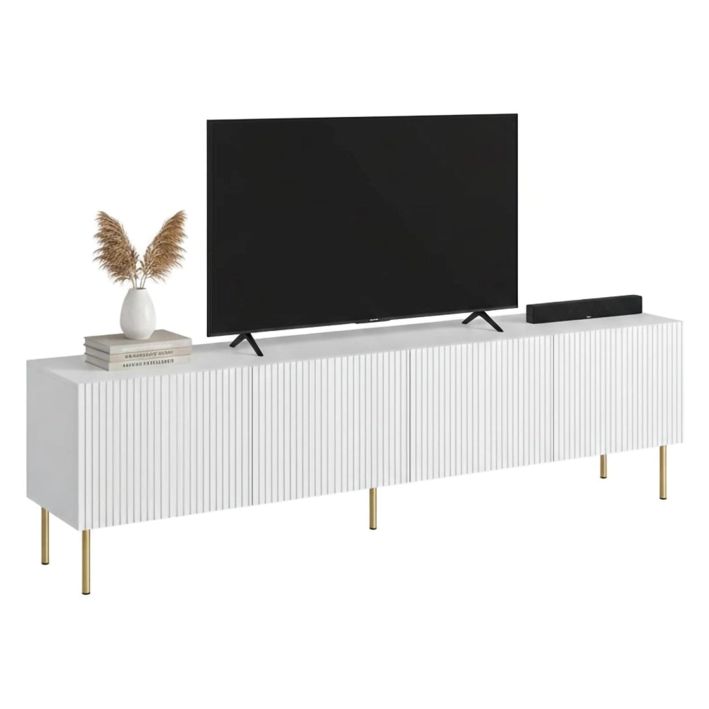 Mobile porta TV Varenna, Madia da salotto con quattro ante battenti, Rialzato da terra, 200x42 h52 cm, Bianco